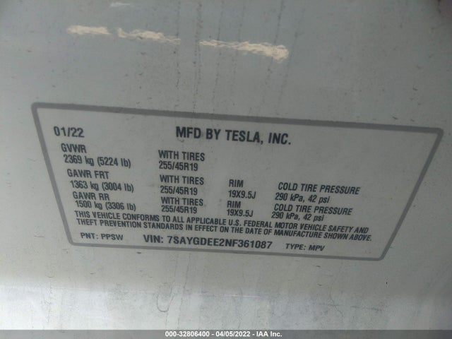7SAYGDEE2NF361087 Tesla Model Y Long Range