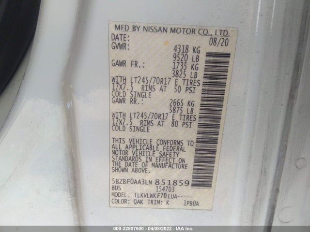 2020 Nissan NV, VIN: 5BZBF0AA3LN851859