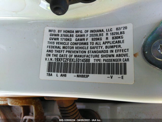 2020 HONDA CIVIC SEDAN VIN: 19XFC2F8XLE014588