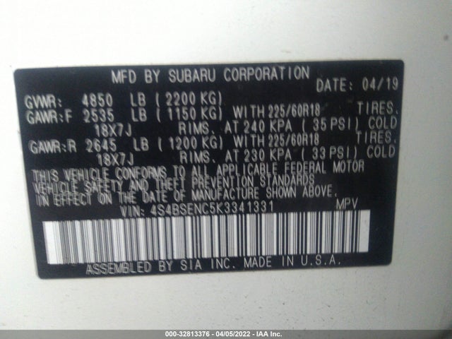 2019 Subaru Outback, VIN: 4S4BSENC5K3341331