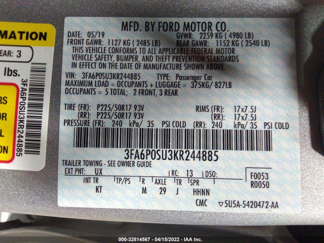 2019 Ford Fusion, VIN: 3FA6P0SU3KR244885