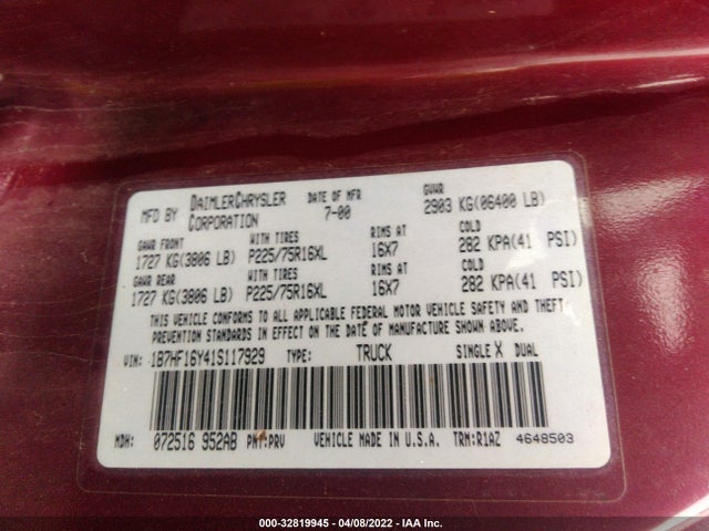 2001 DODGE RAM 1500 VIN: 1B7HF16Y41S117929
