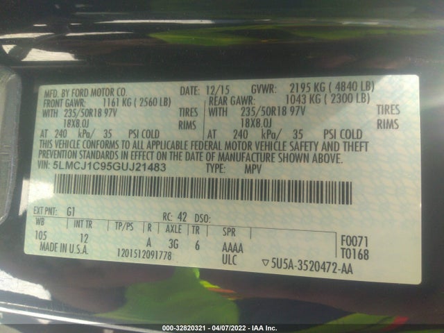 2016 Lincoln MKC, VIN: 5LMCJ1C95GUJ21483