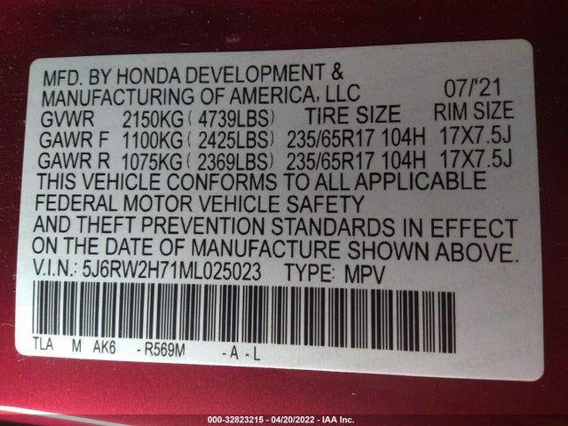 2021 HONDA CR-V SPECIAL EDITION VIN: 5J6RW2H71ML025023
