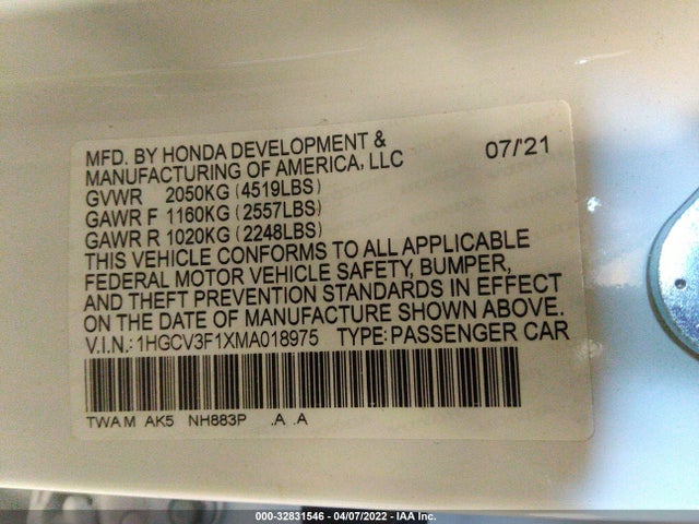 2021 Honda Accord, VIN: 1HGCV3F1XMA018975