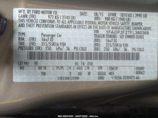 2015 Ford Focus, VIN: 1FADP3F27FL360368