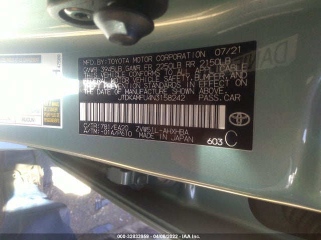 Aukcja sprzedaży 2022 Toyota Prius L, vin: JTDKAMFU4N3158242, numer aukcji: 32833959