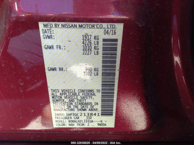 2016 NISSAN ALTIMA VIN: 1N4AL3AP3GC213841