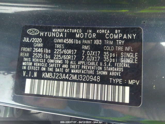 2021 Hyundai Tucson Se მანქანა იყიდება აუქციონზე, vin: KM8J23A42MU320948, აუქციონის ნომერი: 32837137