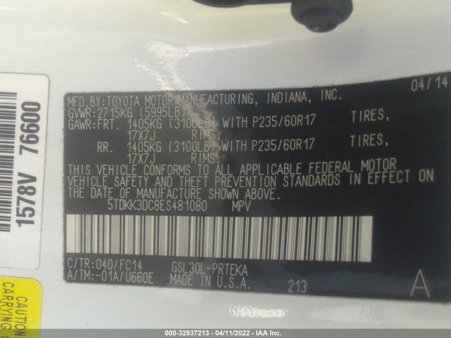 2014 TOYOTA SIENNA LE VIN: 5TDKK3DC8ES481080