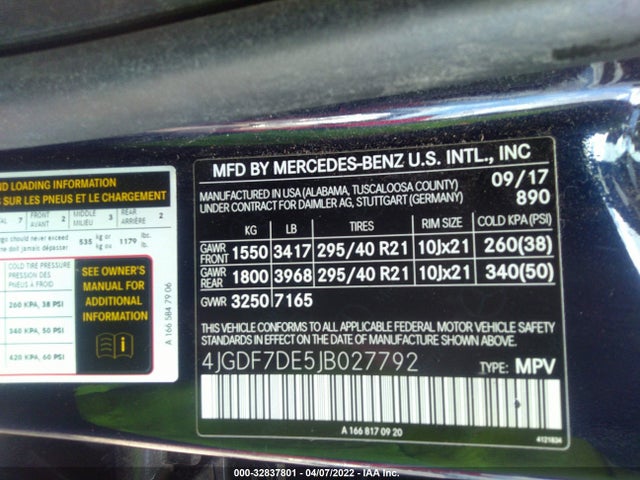 2018 Mercedes-Benz GLS-Class, VIN: 4JGDF7DE5JB027792
