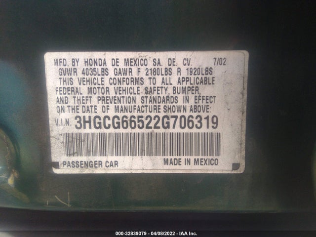 2002 HONDA ACCORD SDN VIN: 3HGCG66522G706319