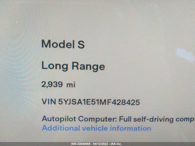 2021 Tesla Model S, VIN: 5YJSA1E51MF428425