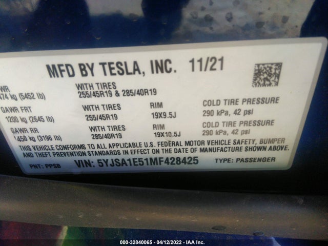 2021 Tesla Model S, VIN: 5YJSA1E51MF428425