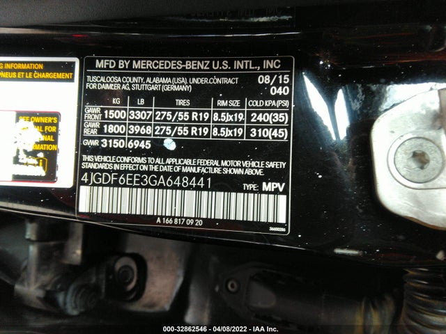 2016 Mercedes-Benz GL-Class, VIN: 4JGDF6EE3GA648441