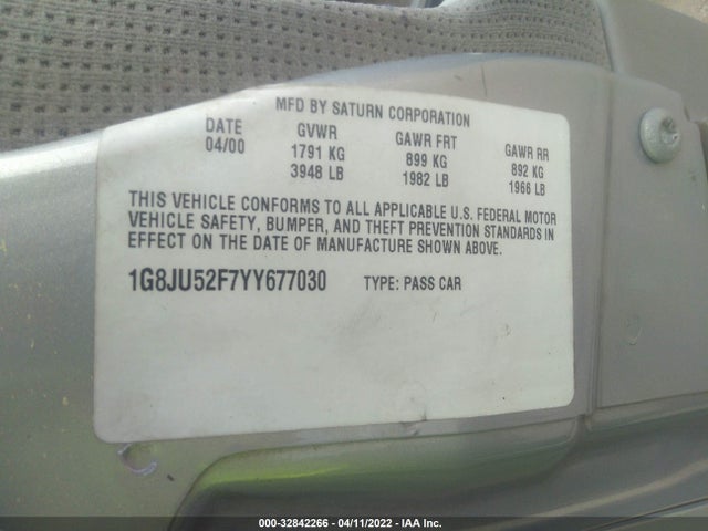 2000 SATURN LS VIN: 1G8JU52F7YY677030