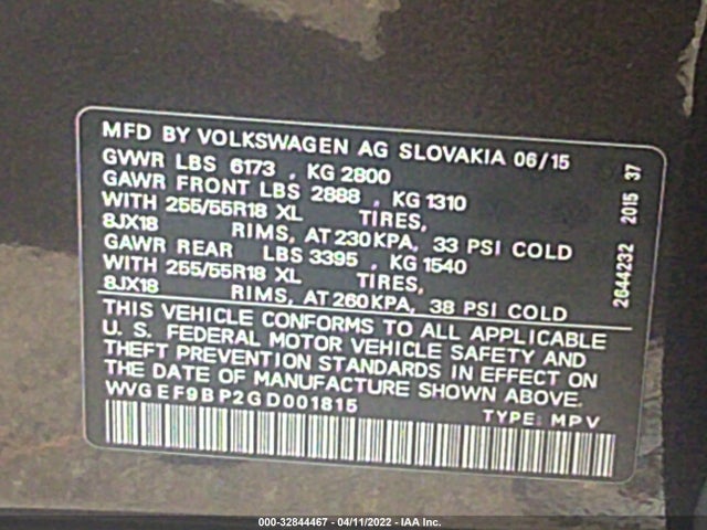 2016 Volkswagen Touareg, VIN: WVGEF9BP2GD001815