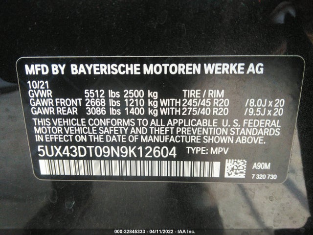 2022 BMW X4, VIN: 5UX43DT09N9K12604