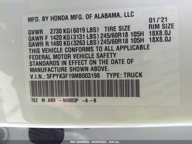 2021 Honda Ridgeline, VIN: 5FPYK3F19MB003198