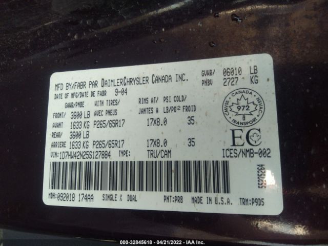2005 DODGE DAKOTA SLT VIN: 1D7HW42N25S127884