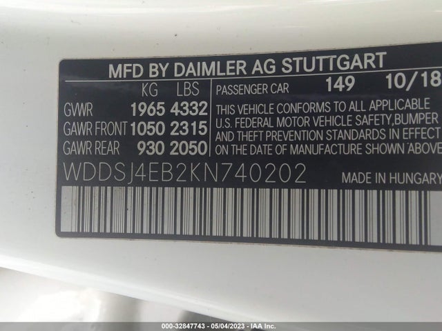 2019 MERCEDES-BENZ CLA CLA 250 VIN: WDDSJ4EB2KN740202