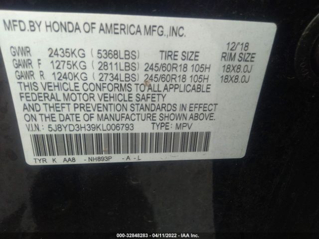 5J8YD3H39KL006793 Acura MDX