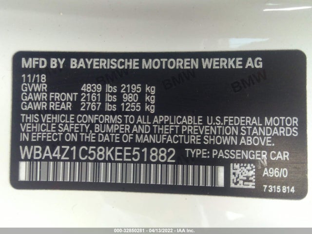 2019 BMW 4 Series, VIN: WBA4Z1C58KEE51882