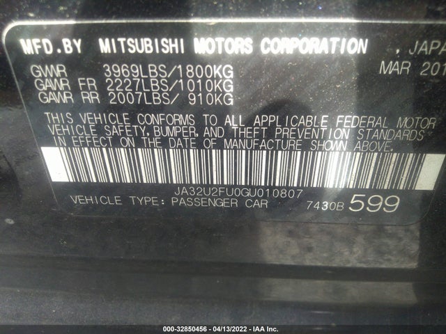 2016 Mitsubishi Lancer, VIN: JA32U2FU0GU010807