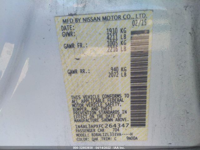 1N4AL3APXFC264347 Nissan Altima 2.5 Sv