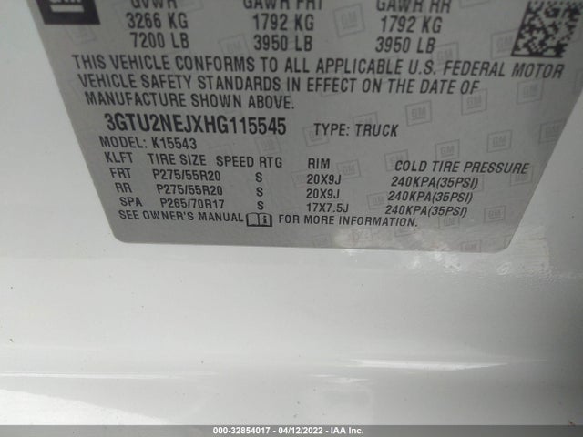 2017 GMC Sierra, VIN: 3GTU2NEJXHG115545