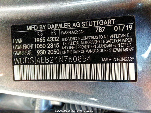 2019 Mercedes-Benz CLA-Class, VIN: WDDSJ4EB2KN760854