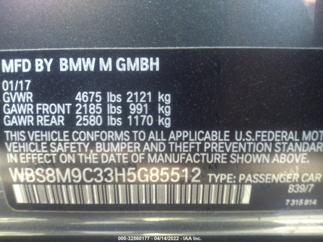 2017 BMW M3, VIN: WBS8M9C33H5G85512
