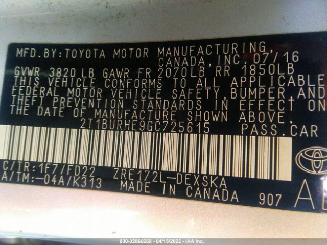 2T1BURHE9GC725615 Toyota 2zr-fe