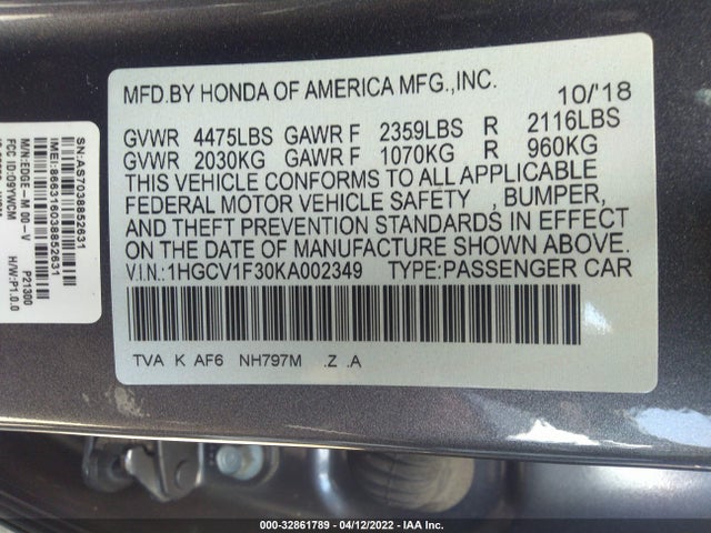 2019 HONDA ACCORD SEDAN SPORT 1.5T VIN: 1HGCV1F30KA002349