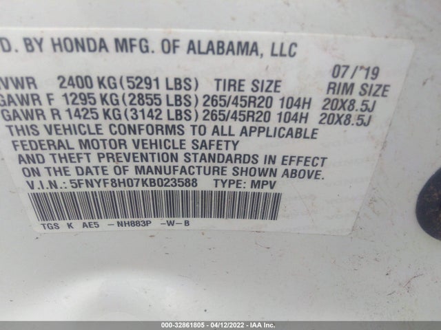 2019 Honda Passport, VIN: 5FNYF8H07KB023588