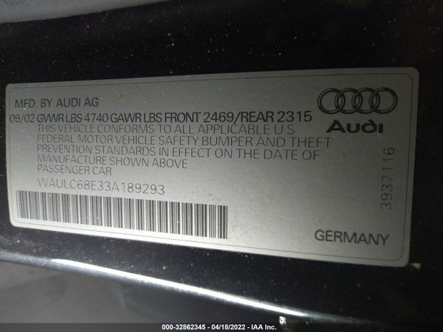 Audi A4 1.8T 2003 WAULC68E33A189293 Image 10
