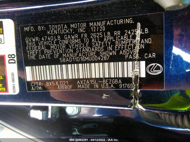 2021 Lexus ES, VIN: 58AD11D16MU004287