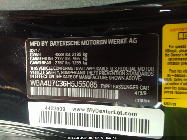 2017 BMW 4 Series, VIN: WBA4U7C36H5J55085