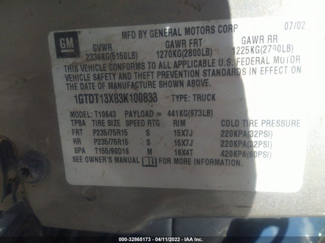 GMC Sonoma Sls 2003 1GTDT13X83K100833 Image 11