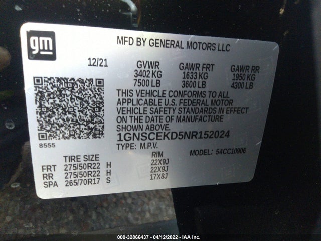 2022 Chevrolet Suburban, VIN: 1GNSCEKD5NR152024