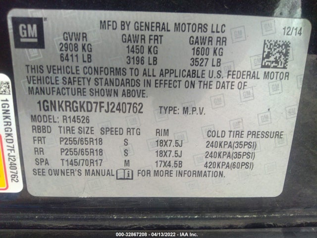 2015 Chevrolet Traverse, VIN: 1GNKRGKD7FJ240762