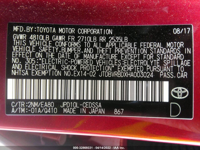 2017 Toyota Mirai, VIN: JTDBVRBDXHA003024