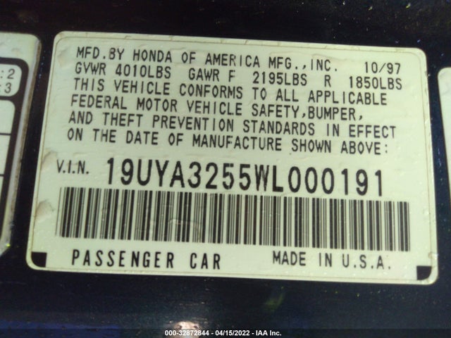 1998 ACURA CL VIN: 19UYA3255WL000191