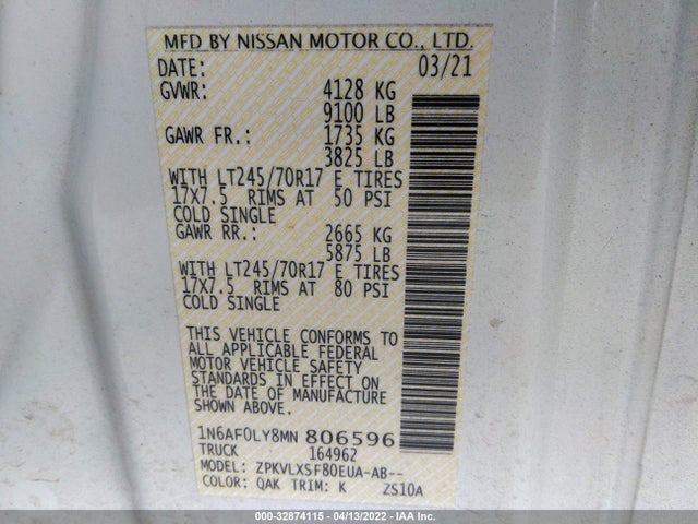 2021 Nissan NV, VIN: 1N6AF0LY8MN806596