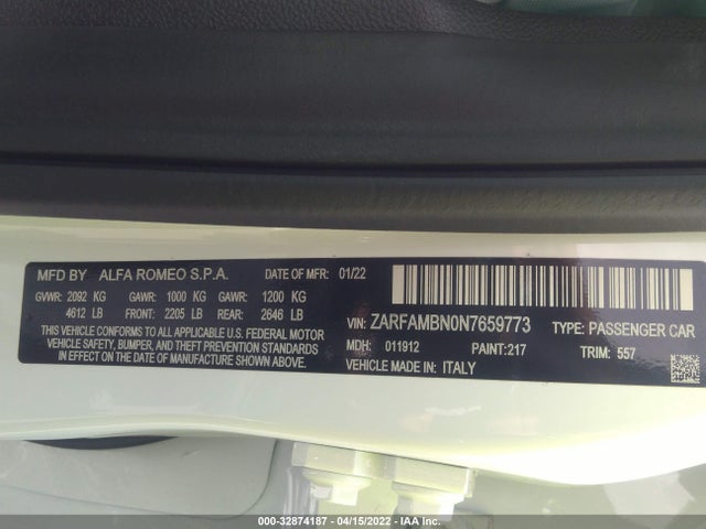 2022 Alfa Romeo Giulia, VIN: ZARFAMBN0N7659773