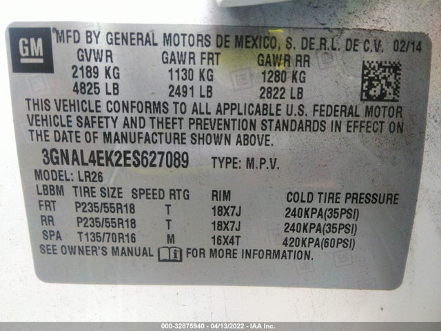 2014 Chevrolet Captiva Sport, VIN: 3GNAL4EK2ES627089