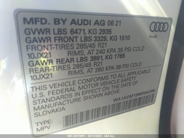 2021 Audi Q8, VIN: WA1AVAF19MD042395