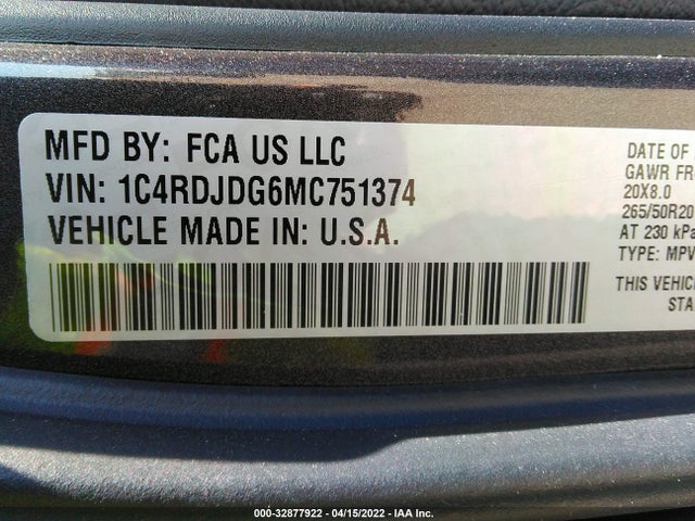 2021 Dodge Durango, VIN: 1C4RDJDG6MC751374