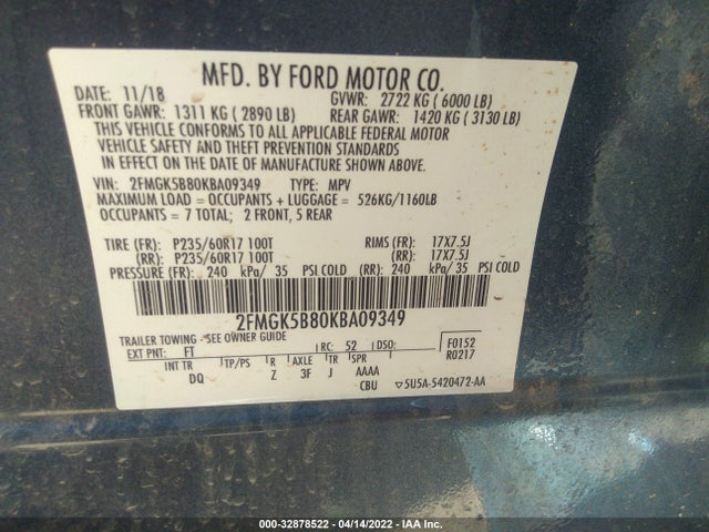 2019 Ford Flex, VIN: 2FMGK5B80KBA09349