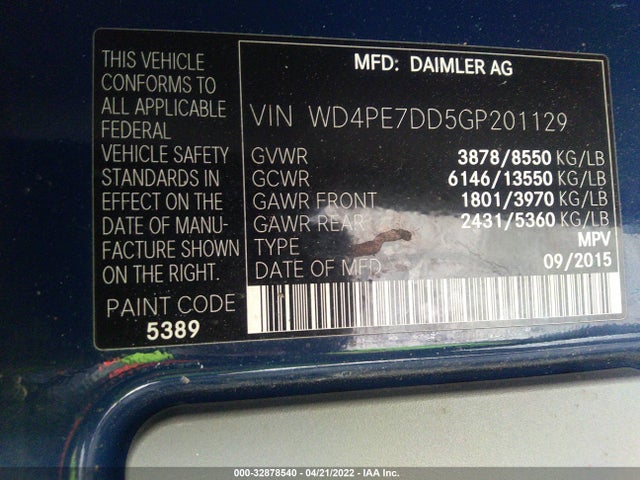 2016 Mercedes-Benz Sprinter, VIN: WD4PE7DD5GP201129